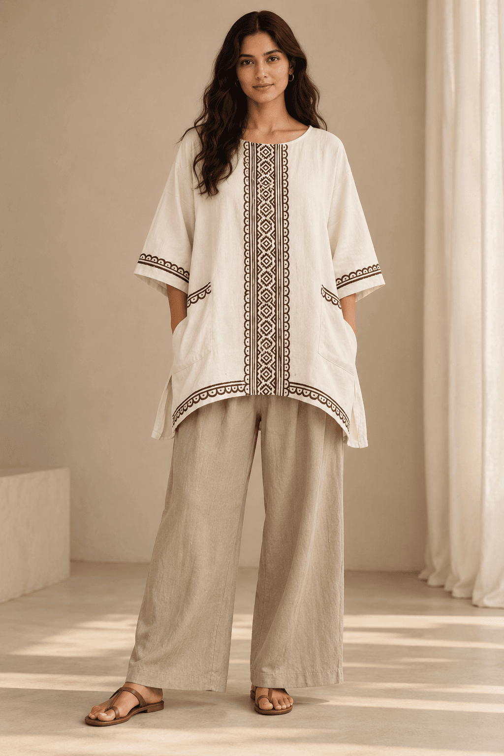 Boho Embroidered Tunic in Natural Cream, front view