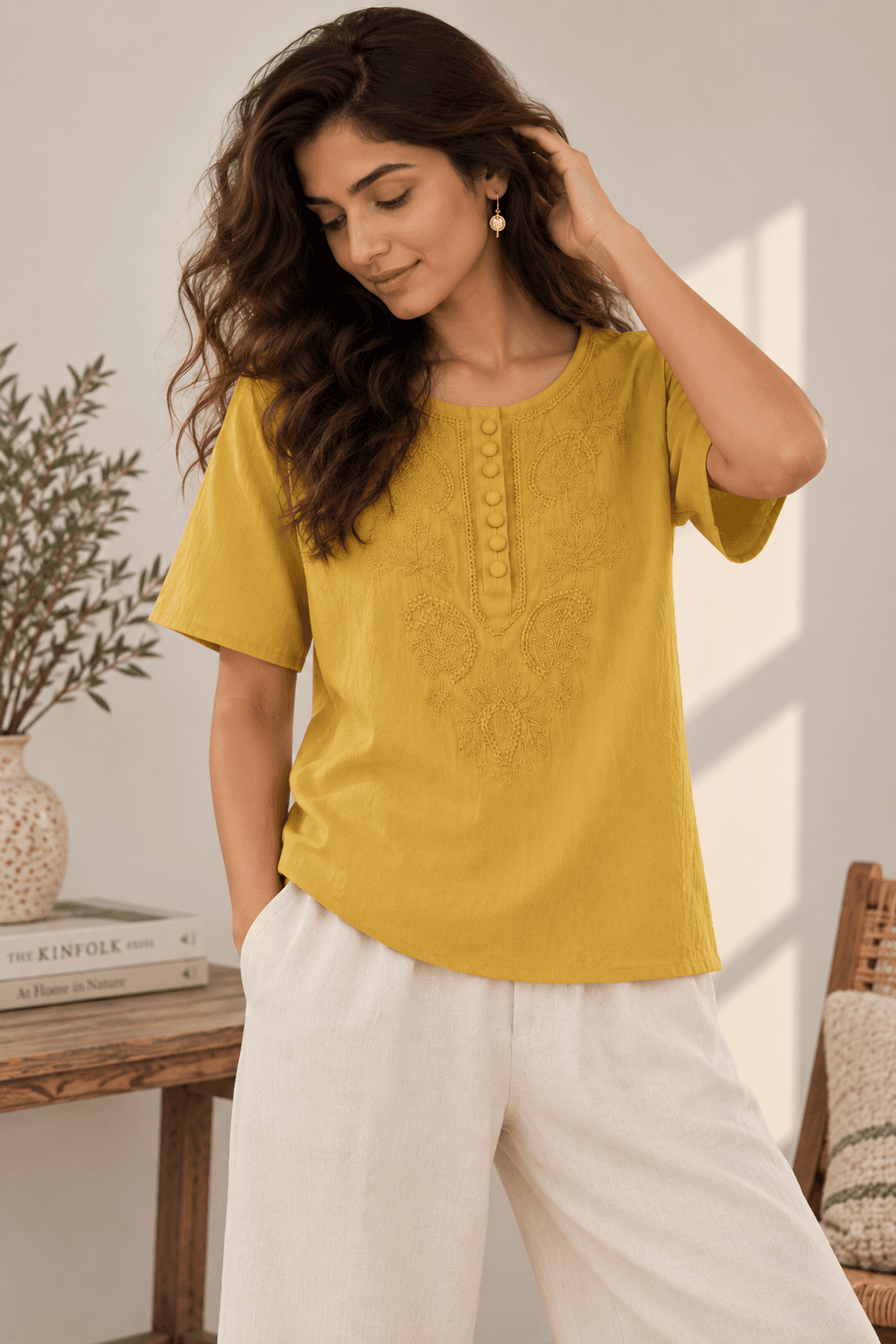 Embroidered Loose Fit Tee in Mustard, front view