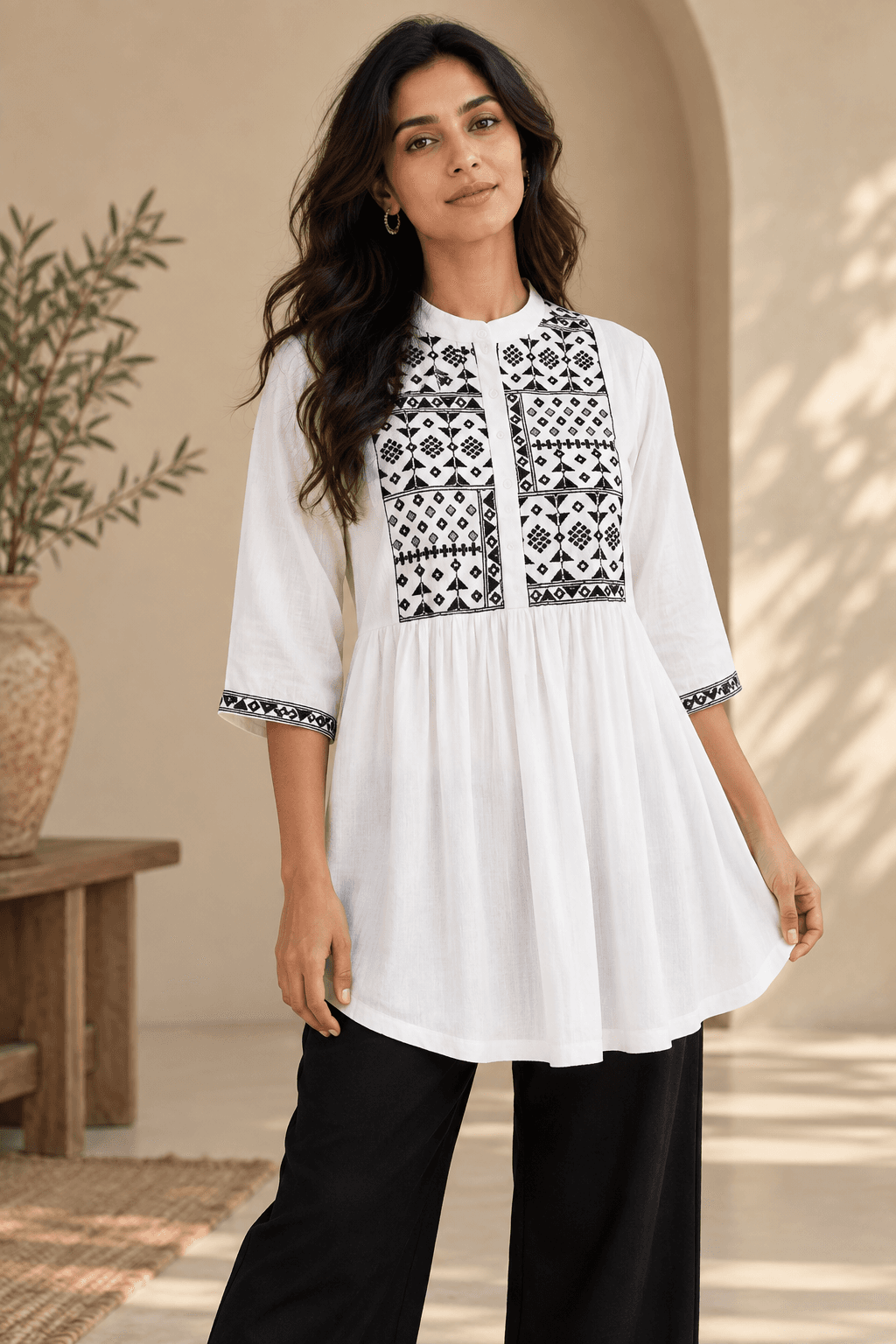 Handcrafted Embroidered Tunic in White, front view
