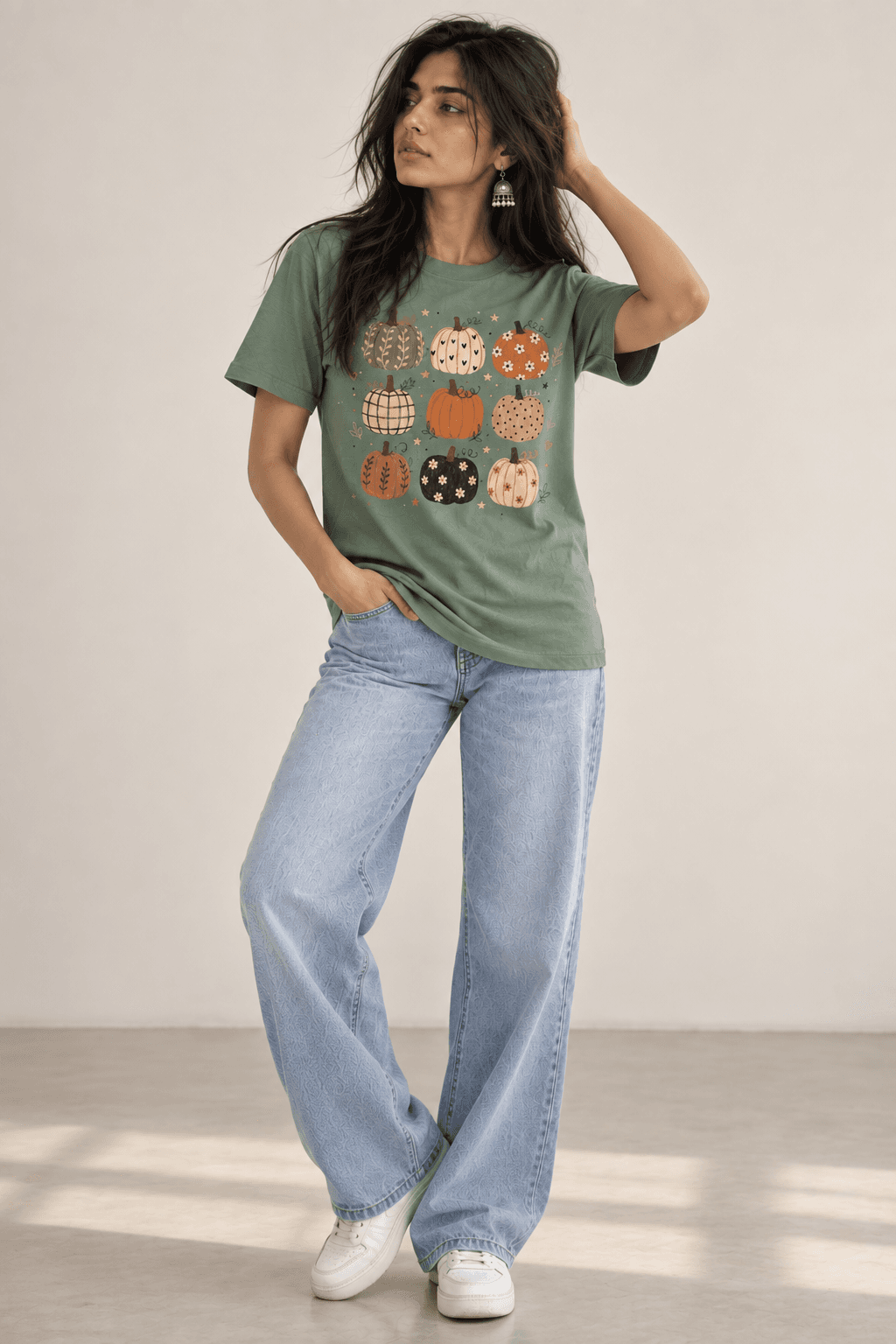 Harvest Hearts Tee in Sage Green, standing model view
