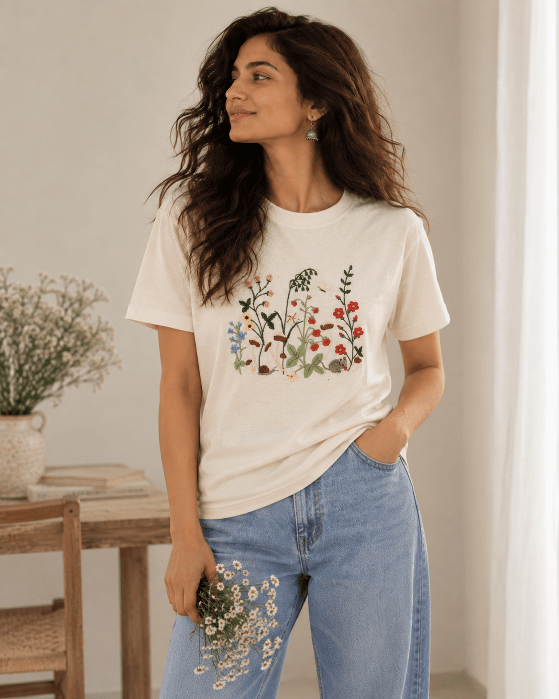 Meadow Bloom Embroidered Tee in Natural Cream, model front view