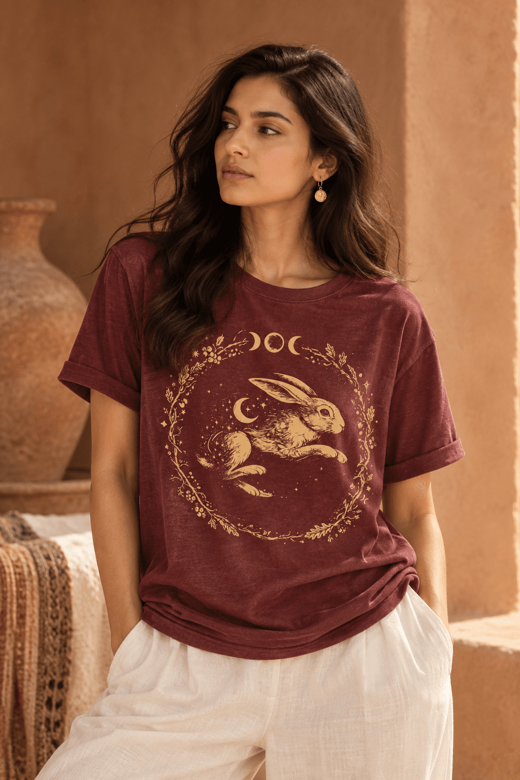 Moon Gazing Hare Tee in Burgundy, product view