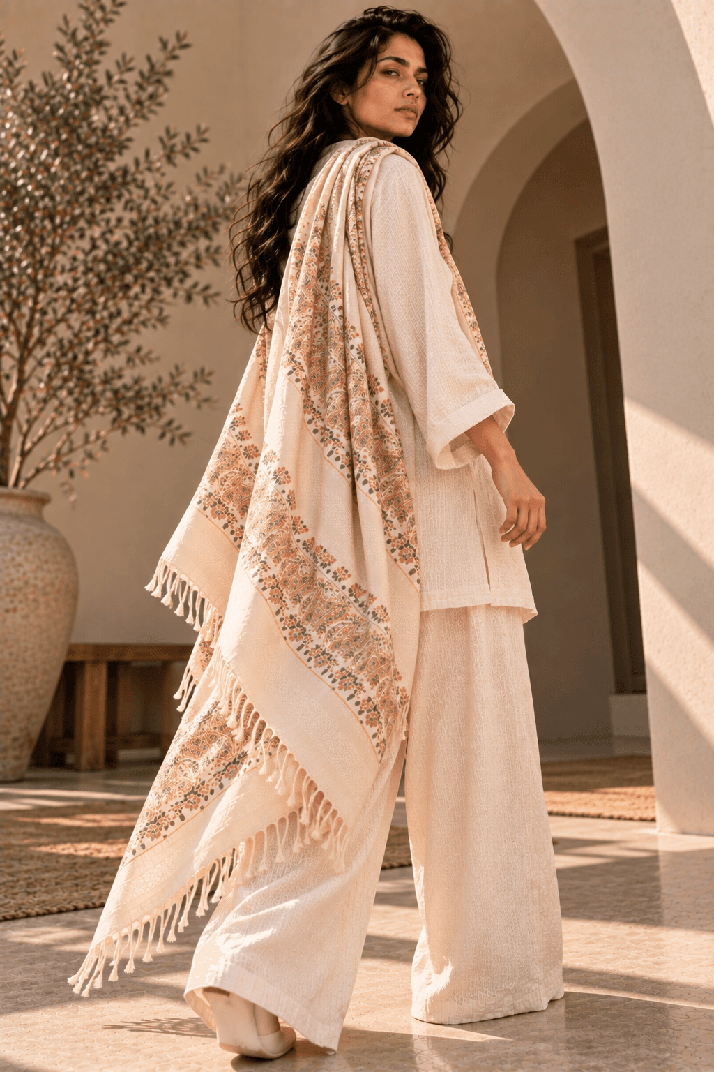 SURHAAN wearing the embroidered beige paisley scarf wrap