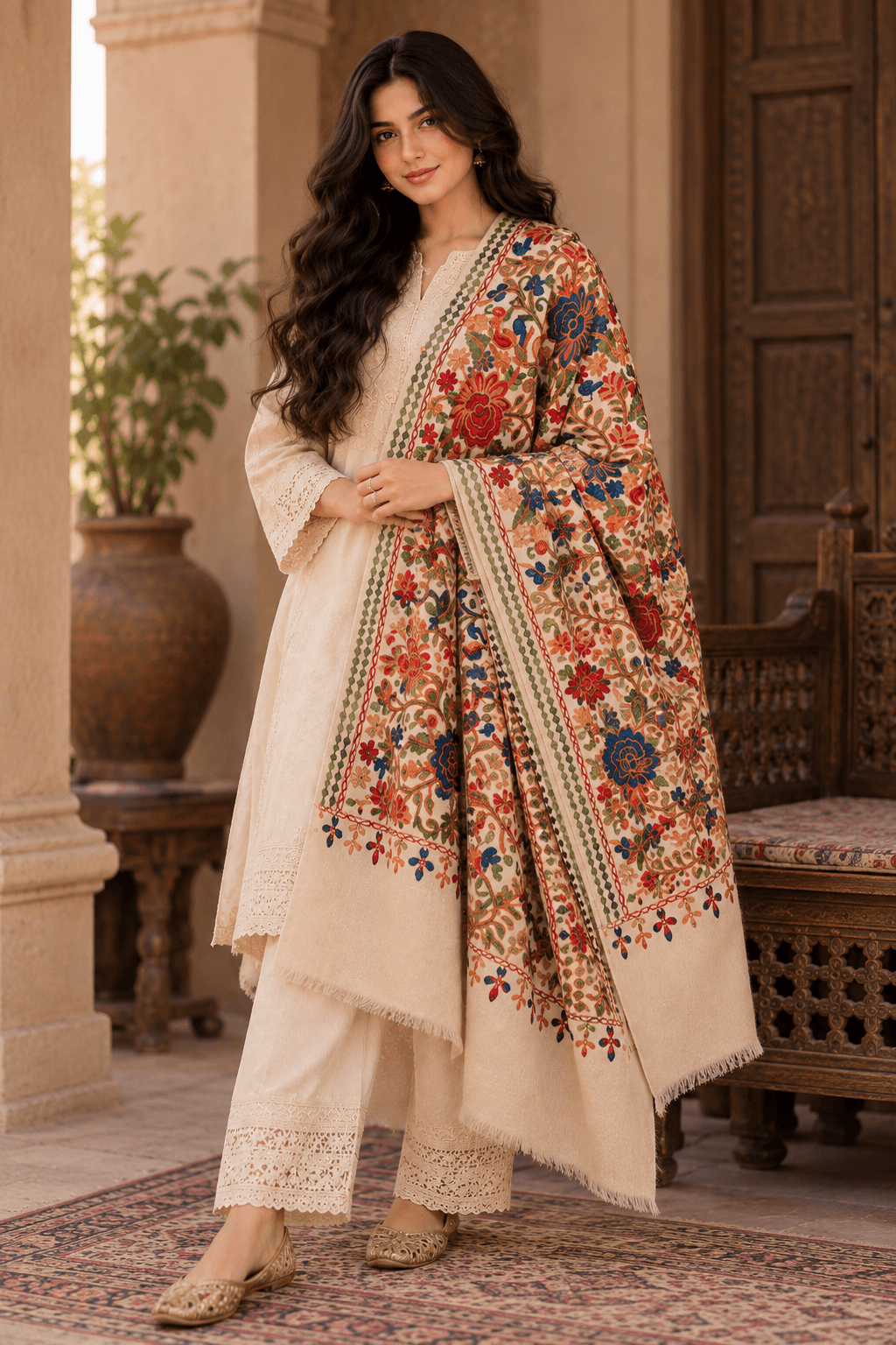 SURRR Pashmina Kashmiri Aari embroidery scarf styled with a traditional South Asian outfit