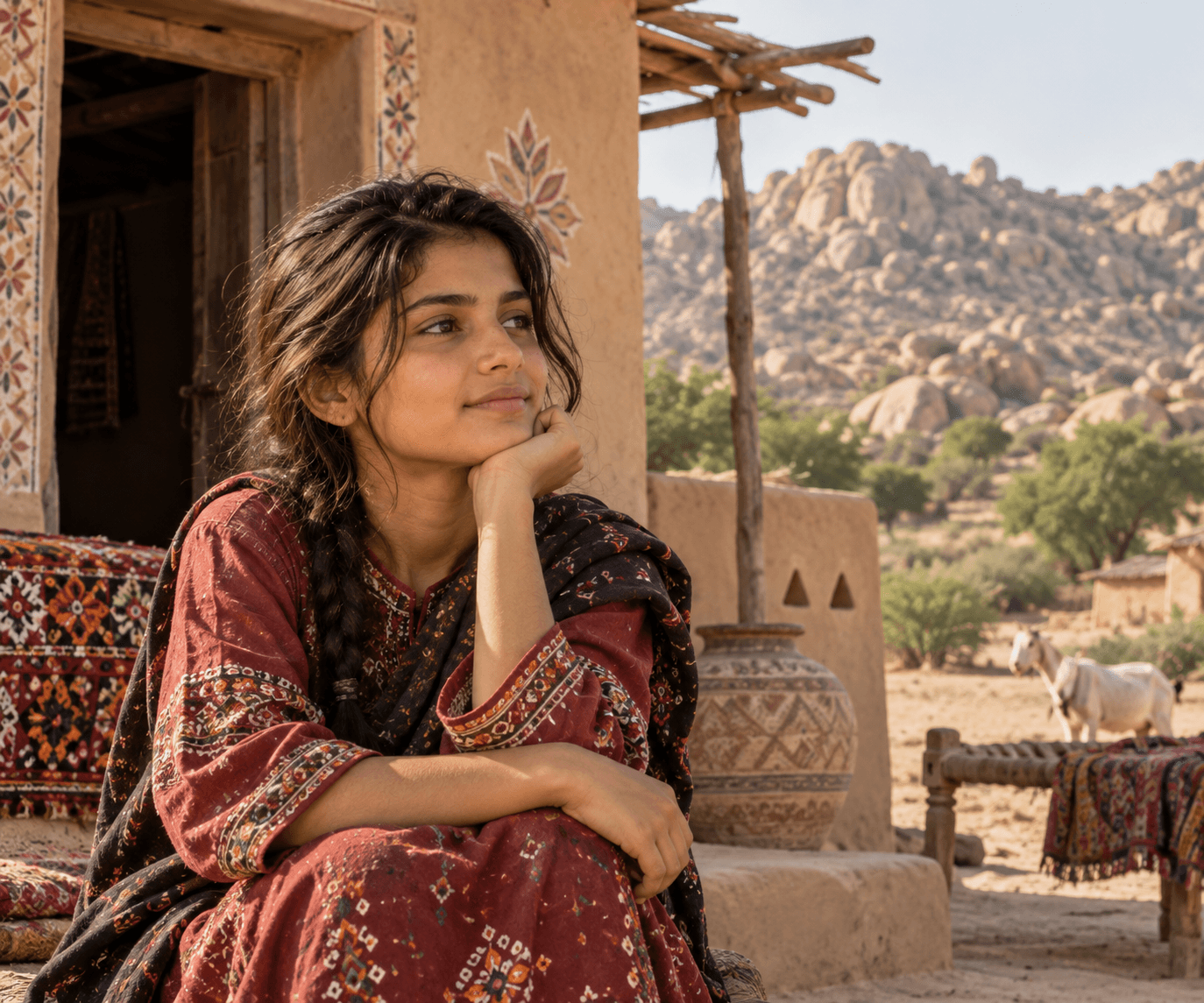 Surhaan seated outside a traditional village home among the rocky hills of Thar