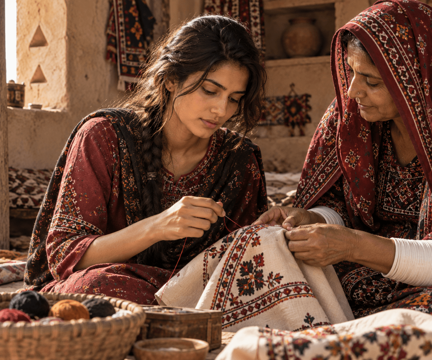Surhaan learning embroidery from an older artisan in a traditional craft setting