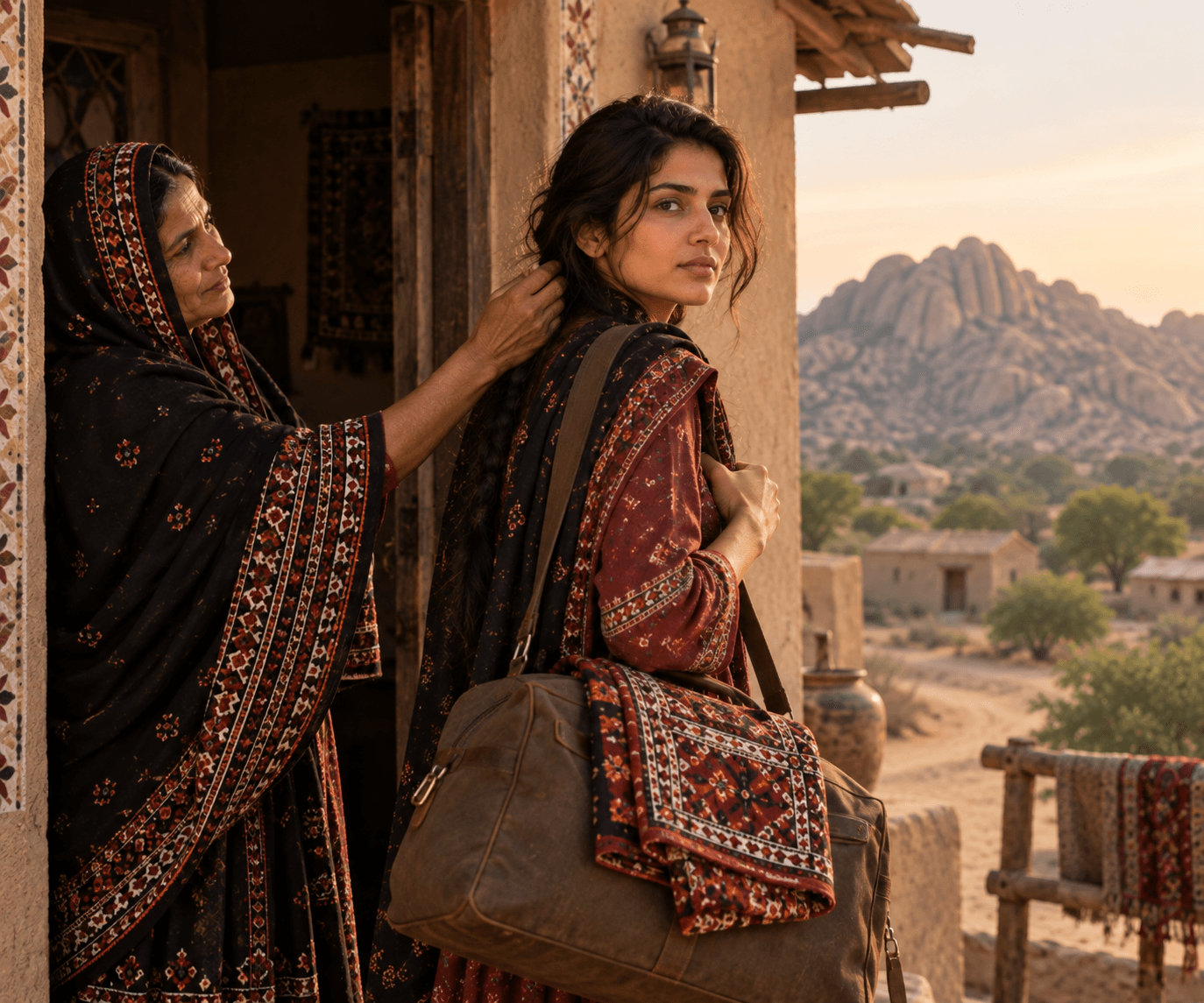 Surhaan walking away from a village lane in Thar with a small bag