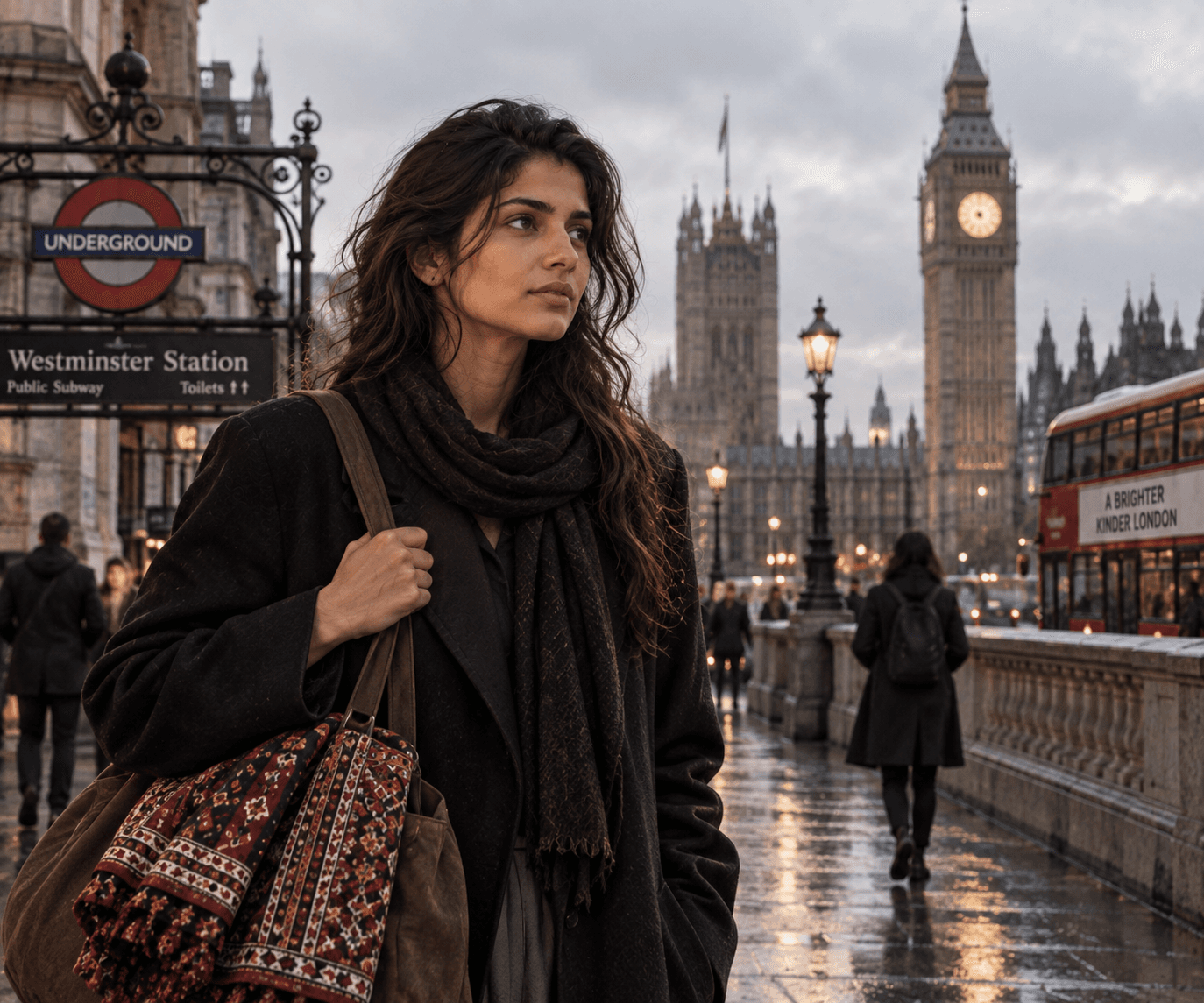 Surhaan on a London street in contemporary clothing, city light and movement around her