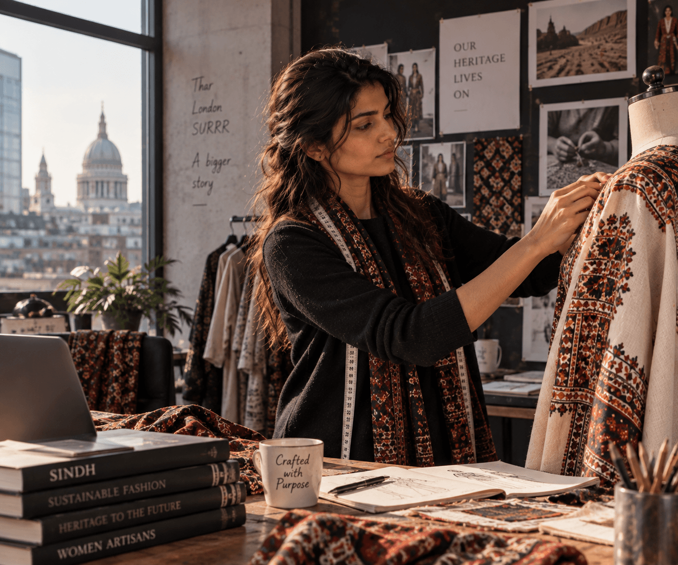 Surhaan in a quiet London interior wearing contemporary SURRR clothing